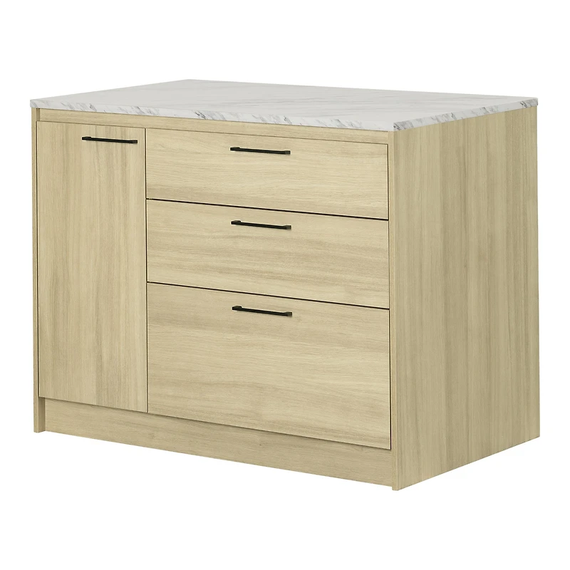 Mylos Kitchen Island Faux White Marble and Blonde Oak