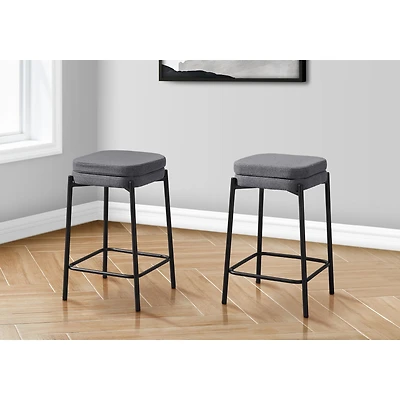 Barstool, Set of 2 - Grey Fabric and Black Metal, Counter Height