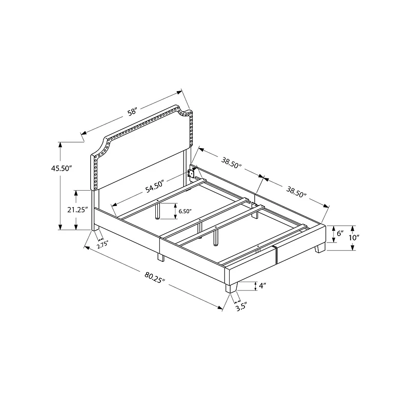 Grey Bed Frame with a Chrome Metal Nail Head Trim - Double