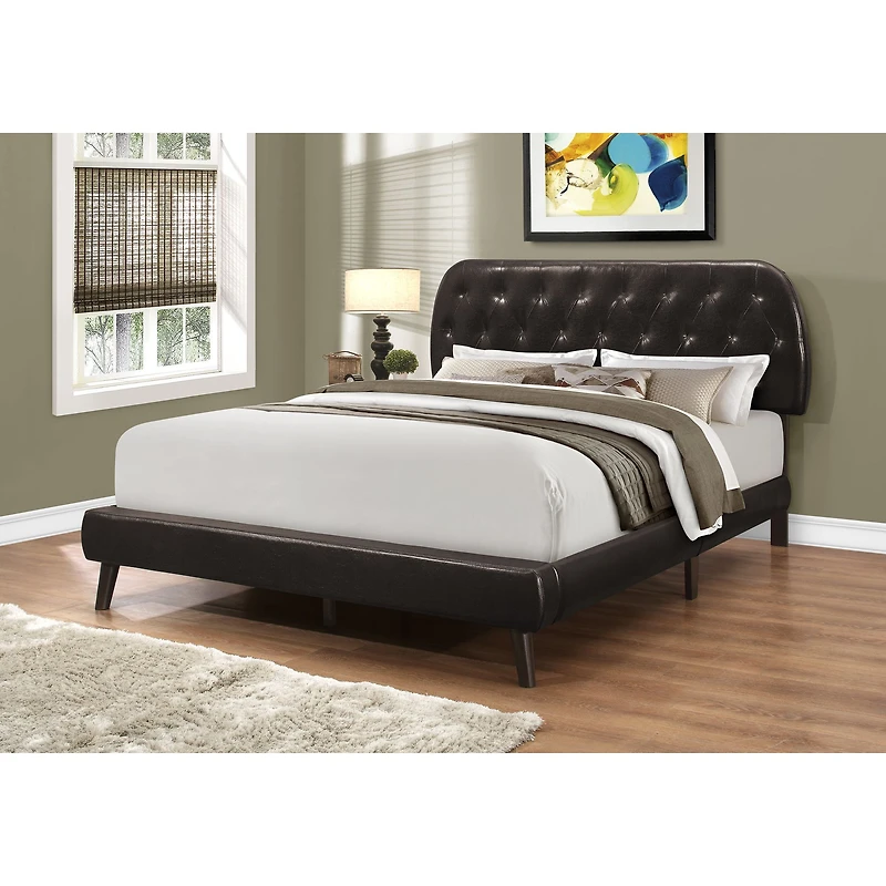 Diamond Tufted Headboard - Brown Leather-Look With Wood Legs - Queen