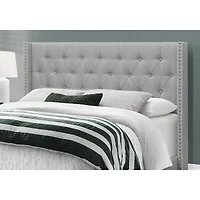 Elegant Wingback Headboard  Grey Linen With Chrome Trim - Queen