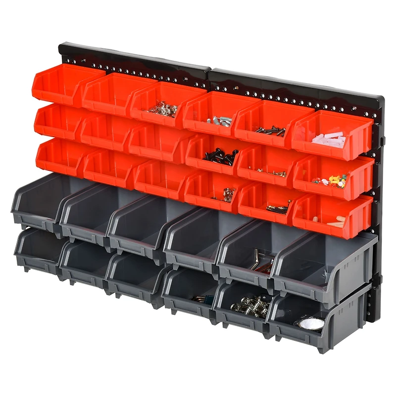 Wall-Mounted Tool Organizer with 30 Storage Bins & Pegboard
