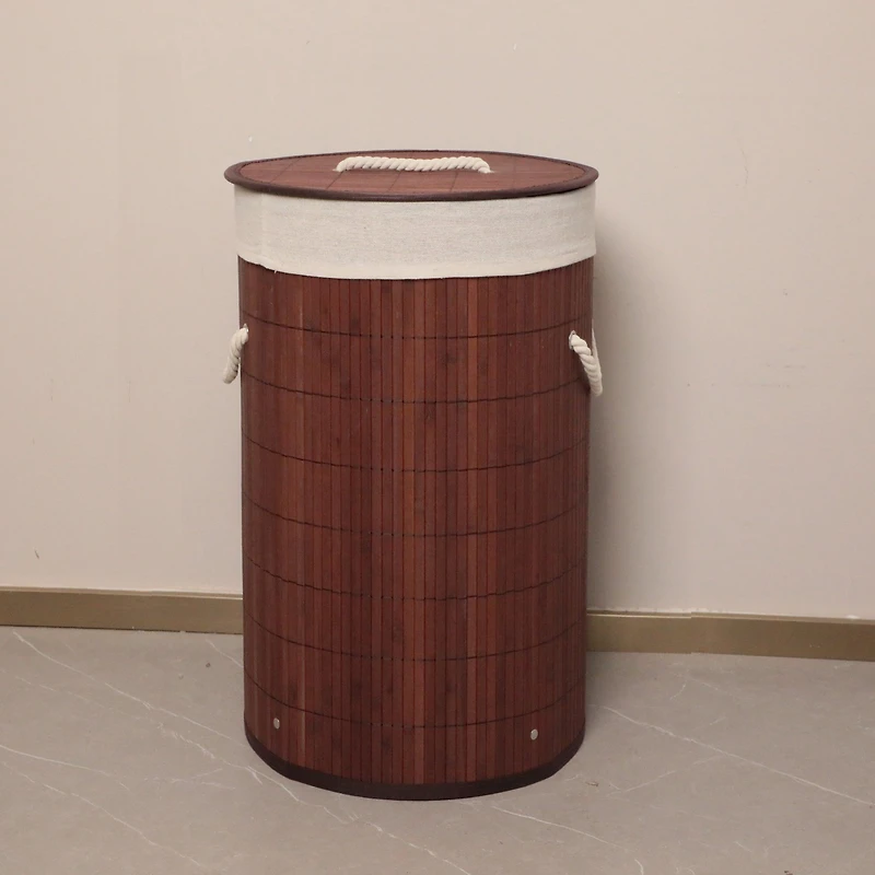 Panier à linge rond pliable en tiges de bambou avec couvercle