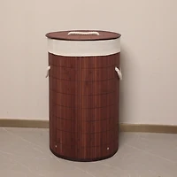 Panier à linge rond pliable en tiges de bambou avec couvercle