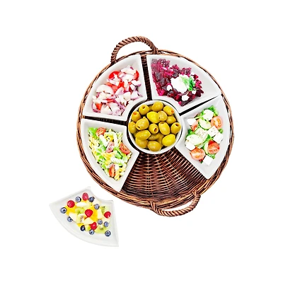 JS Gourmet Wicker Tray With Ceramic Bowls, 7 Pieces