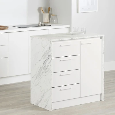 Mylos Small Kitchen Island Faux White Marble and White