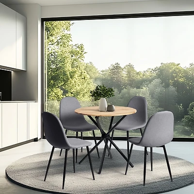Modern 5-Piece Round Oak Dining Set with Grey Chairs
