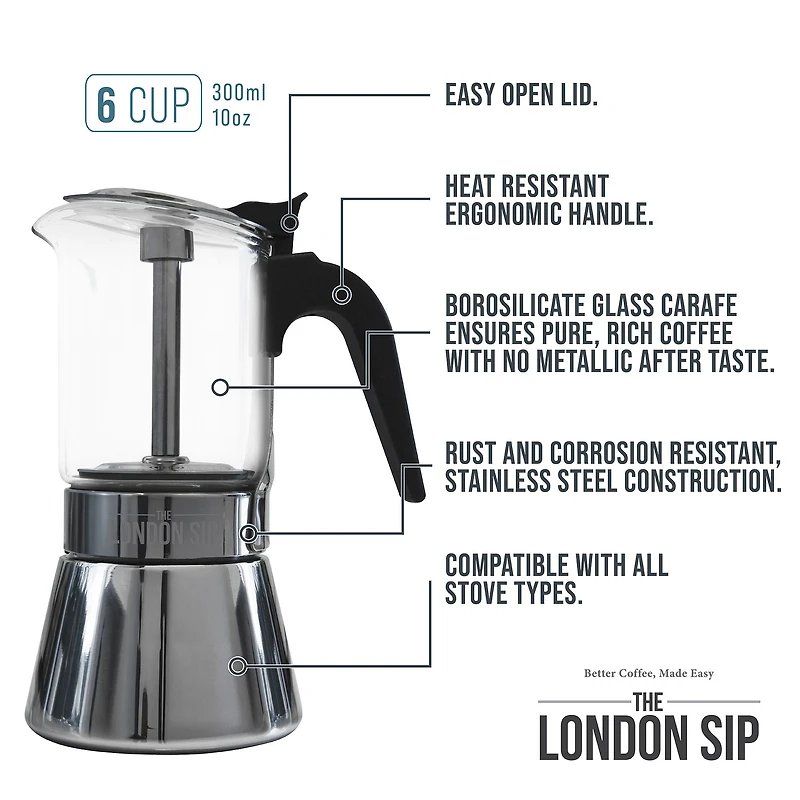 The London Sip® Glass Stovetop Espresso Coffee Maker 6-Cup