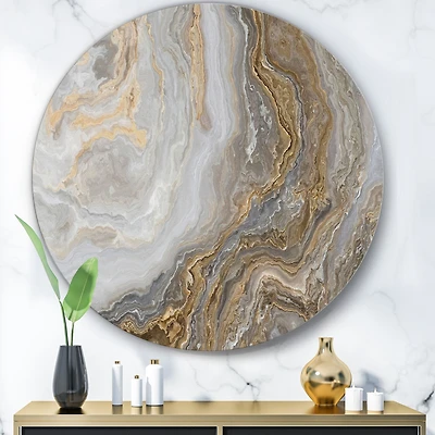 White Marble with Curley Grey and Gold Veins Round Wall Art