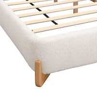 Lit rembourré en bouclé blanc élégant avec cadre en bois massif – grand format (King)