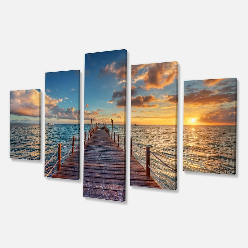 Brilliant Sunrise over Sea Pier Canvas Wall Art