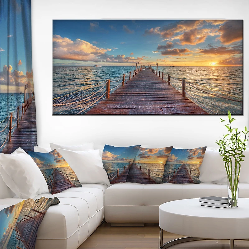 Brilliant Sunrise over Sea Pier Canvas Wall Art