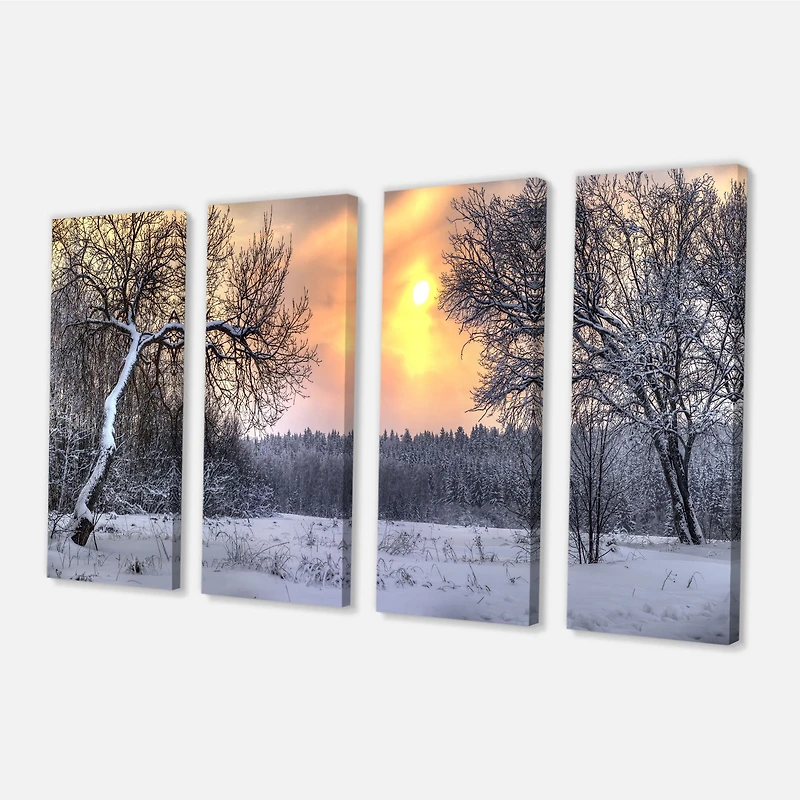 Winter Landscape with Yellow Sun  Canvas Wall Art