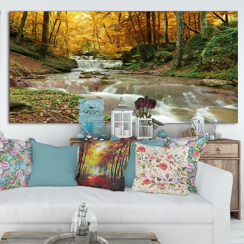 Forest Waterfall with Yellow Trees Artwork Canvas Print