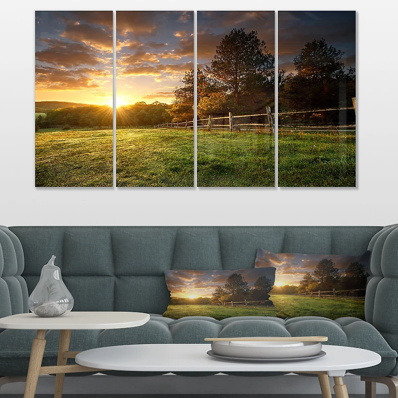 Fenced Ranch at Sunrise Canvas Wall Art Panels