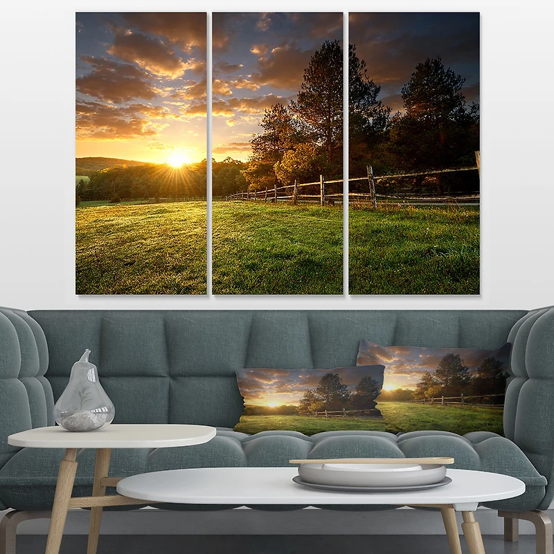 Fenced Ranch at Sunrise  Canvas Wall Art - 3 Panels