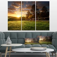 Fenced Ranch at Sunrise  Canvas Wall Art - 3 Panels
