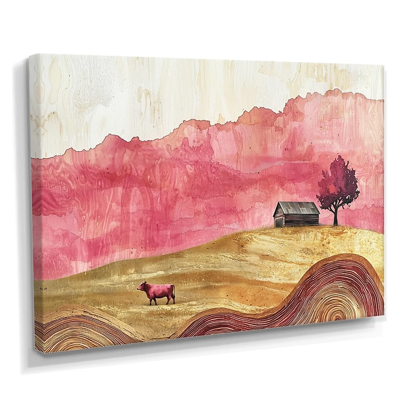 Art mural grange rose avec vaches au pâturage « Rose Barn »