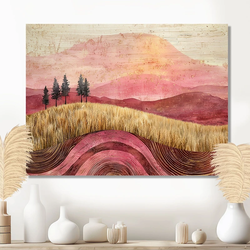 Art mural blé et roses scène de prairie dorée