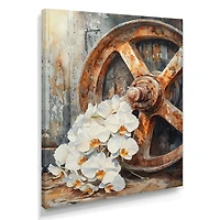 Art mural orchidées rustiques roue de chario