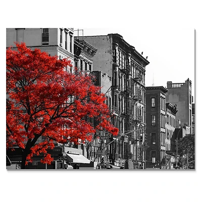Red Tree on Black and White New York City Street  Canvas