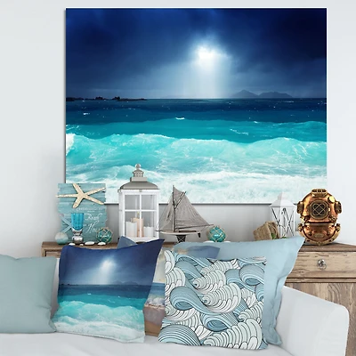 Neon Sea Waves under Dark Sky  Canvas Wall Art