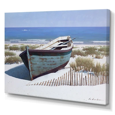 Blue Boat on Beach Canvas Wall Art Print