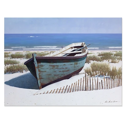 Toile imprimée « Blue Boat on Beach »