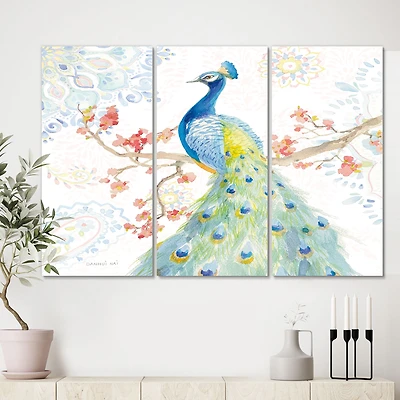 peacocks Watercolor II Canvas Wall Art - 3 Panels