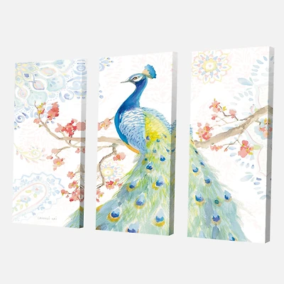 peacocks Watercolor II Canvas Wall Art - 3 Panels