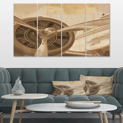 Retro Airplanes Sepia Canvas Wall Art - 4 Panels