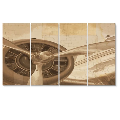 Retro Airplanes Sepia Canvas Wall Art - 4 Panels