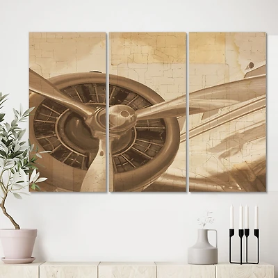 Retro Airplanes Sepia Canvas Wall Art - 3 Panels