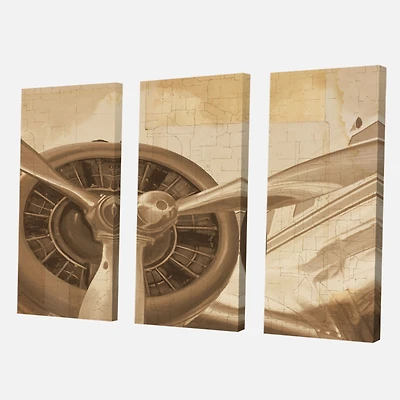 Retro Airplanes Sepia Canvas Wall Art - 3 Panels