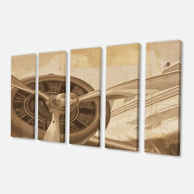 Retro Airplanes Sepia Canvas Wall Art - 4 Panels
