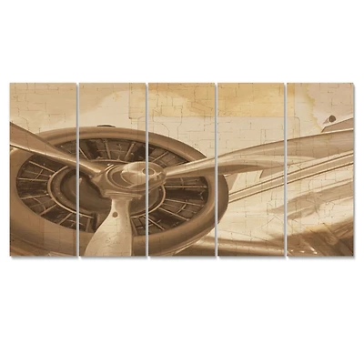 Retro Airplanes Sepia Canvas Wall Art - 4 Panels