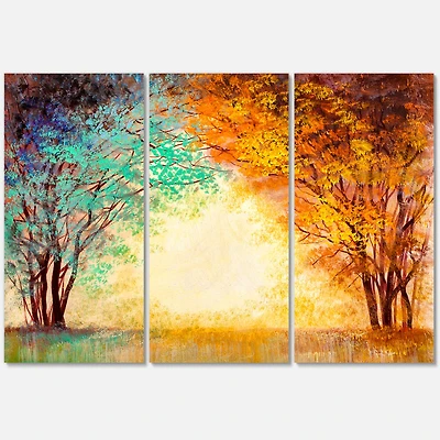 Alley Through The Park in Autumn Sunset Canvas Wall Art - 3 Panels