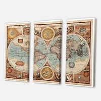 Ancient Map of The World VIII Canvas Wall Art - 3 Panels