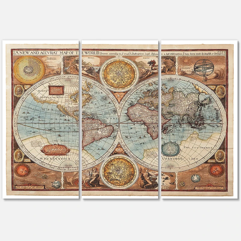 Ancient Map of The World VIII Canvas Wall Art - 3 Panels