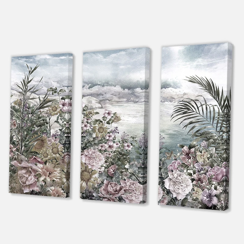 Retro Flowers by The Sea Side Canvas Wall Art - 3 Panels