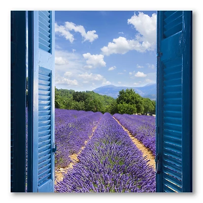 Lavender Field Through Blue Open Cottage Window Wall Art