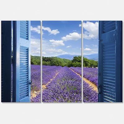 Lavender Field Through Blue Open Cottage Window Canvas Wall Art - 3 Panels
