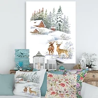Winter Cottage with Two Deers Wall Art