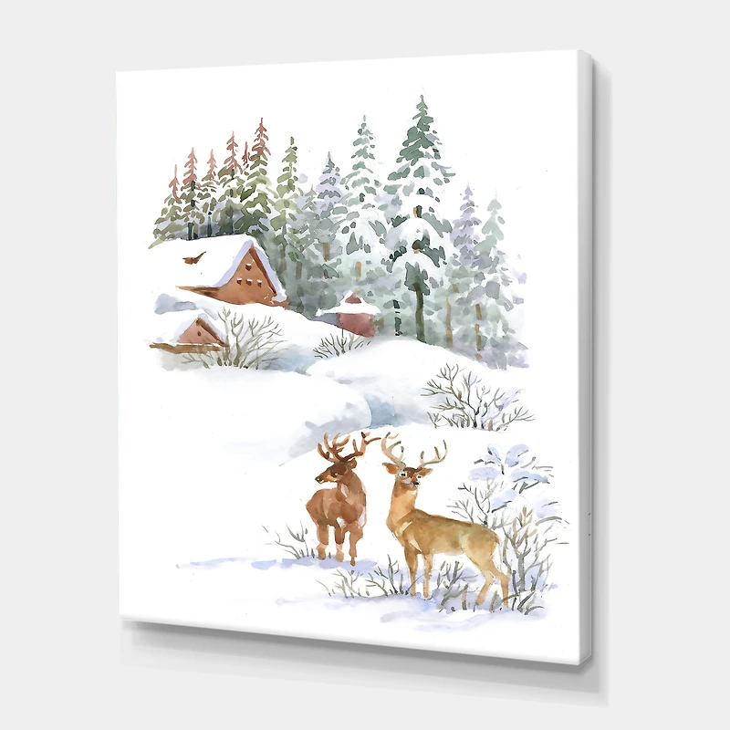 Winter Cottage with Two Deers Wall Art