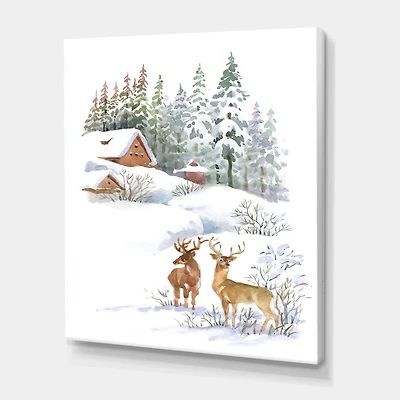 Winter Cottage with Two Deers Wall Art