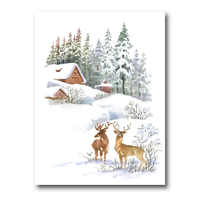Toile « Winter Cottage with Two Deers »