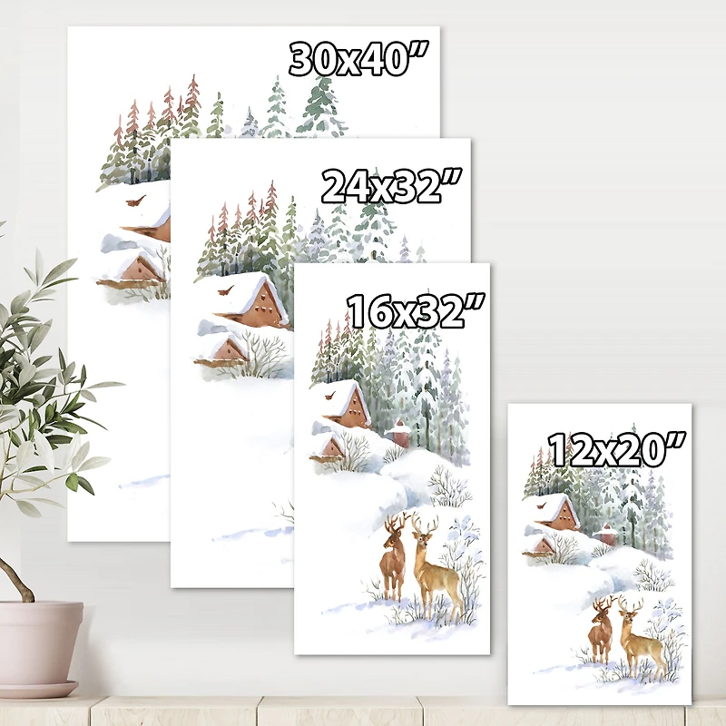 Winter Cottage with Two Deers Wall Art