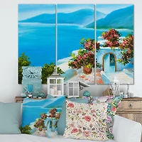 House Near The Sea Colorful Flowers I Canvas Wall Art - 3 Panels