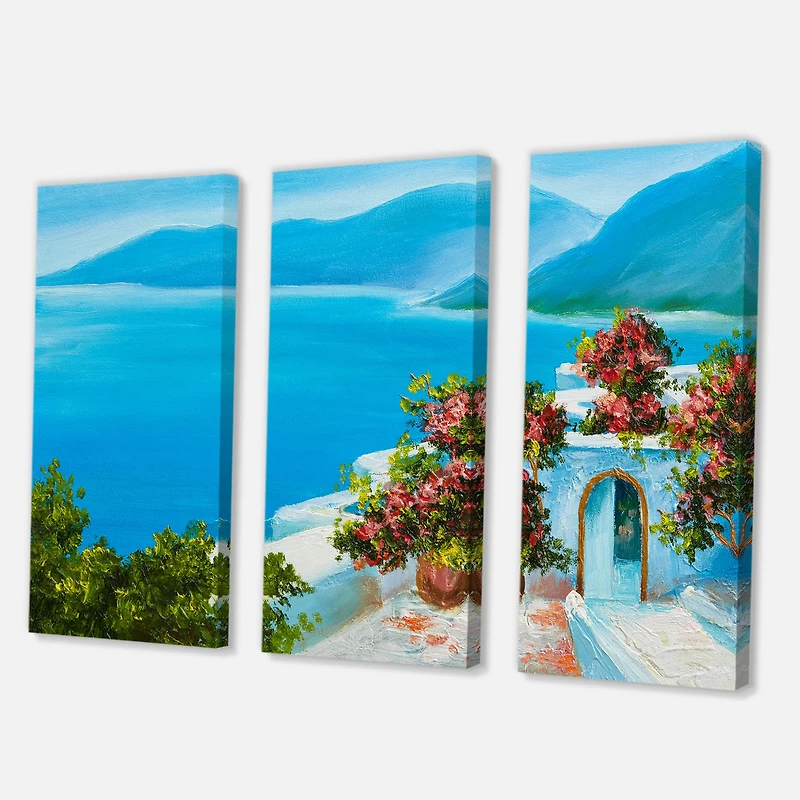 House Near The Sea Colorful Flowers I Canvas Wall Art - 3 Panels
