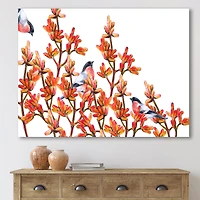 Flock of Bullfinches Birds on Orange Branches Wall Art